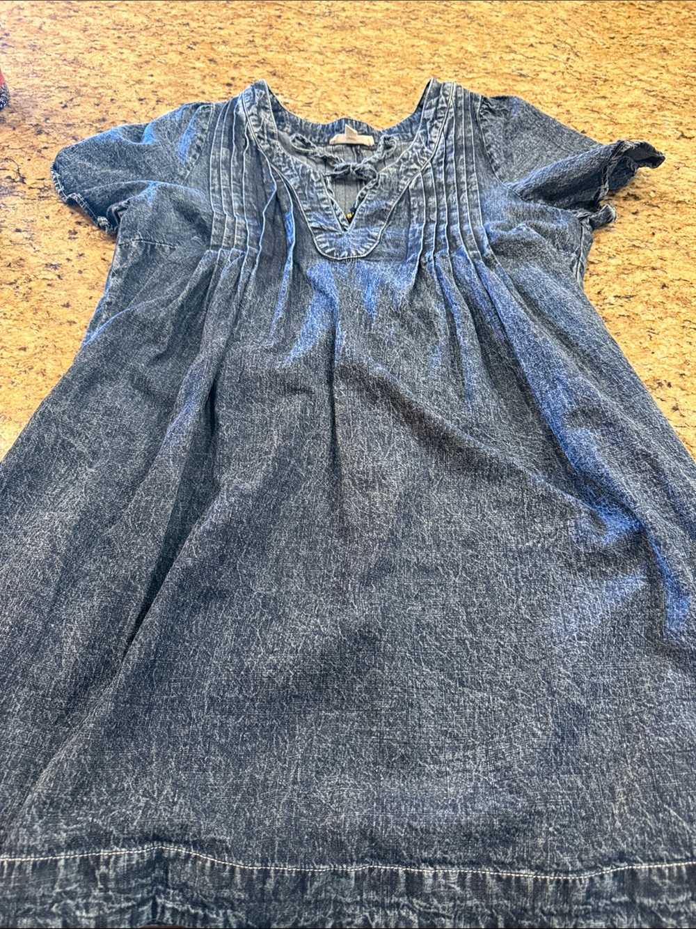 Denim-Effect Pintuck Peasant Tunic in Washed Blue.